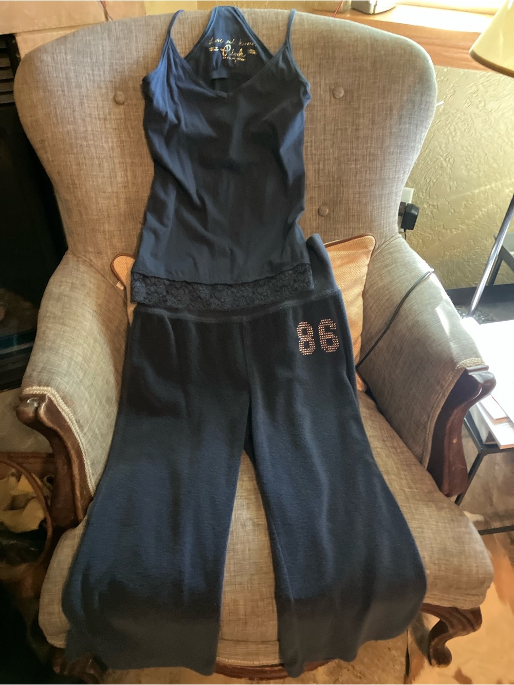 Victoria's Secret Navy Wide-Leg Knit Pants with Stud '86' Detail